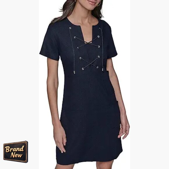 Short Sleeve Tie Neck Mini Dress Linen Rayon Blend Work Travel